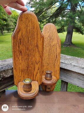 wooden wall sconces set of 2 taper candle holders wood grain 1970s farmhouse